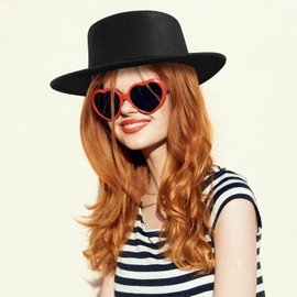 Kids Fashion Classic Black Fedora Hats + Red Heart Sunglasses Costume Outfit - Flat Wide Brim Church Cap Jazz Hat,for Girls