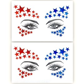 Independence Day Face Gems,4th July Fece jewelry Red Blue Star Tattoo Sticker rhinestones for Women Kids Parade Makeup Party Decoration 2 pcs