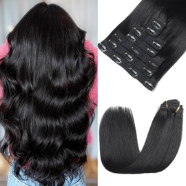 Rimoss Clip in Hair Extensions Real Human Hair, Soft Jet Black Straight Hair Extensions Real Human Hair Clip ins, Premium 7pcs Remy Human Hair Clip in Extensions for Women (#1 12 Inch)
