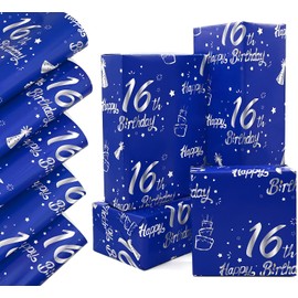 QRTDXP Navy Blue 16th Gift Wrapping Paper Sheets,5pcs 50 * 70cm Large Silver 16th Birthday Paper, Blue Eco-friendly Gift Wrap Perfect for Wrapping Present for Boys Girls