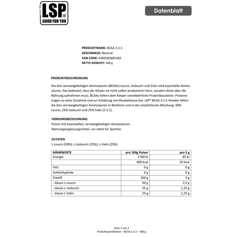 LSP BCAA Powder, 1er Pack (1 x 500 g)