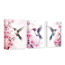 CXHOSTENT 3 Panels Birds Canvas Wall Art Hummingbird and Pink Flower Pictures Watercolor Animals Painting Print Modern Artwork Decor Frame (Hummingbird - 1, 11x14inchx3Pcs)