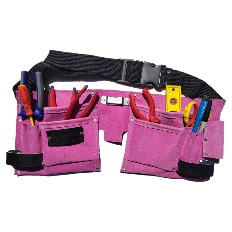 11 Pocket Pink Double Leather Tool Pouch Includes Tape/Hammer Holder
