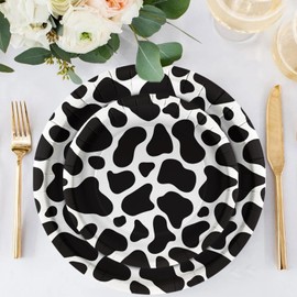 LeZakaa 25Pcs Party Paper Plates - Black Cow Print Design Disposable Plates Decorative Tableware Supplies Table Decor for Birthday, Theme Holiday Party - 7 Inch