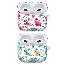GlamCase for AirPods 3rd Generation Case, AirPods 3 Case - Pink & Teal Floral Pattern Printed Cute Plastic Hard Protective Designer Back AirPod Case/Cover for AirPods 3rd Gen 2021 [Pack of 2]