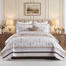 100% Cotton Quilt Set King Size - Reversible Botanical Quilted Comforter, King Quilt Bedspread, Lightweight Bedding, 3pcs, Brown/Beige