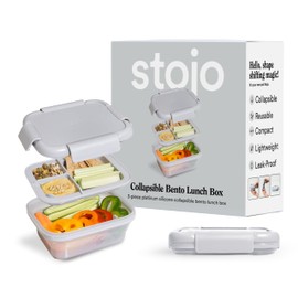 STOJO Collapsible Bento Box, Reusable, Leak-Proof, Microwave & Dishwasher Safe, Premium Lunch Container with Divider – Space-Saving, Transparent Design (Cashmere, 6-Cup/1.5L)