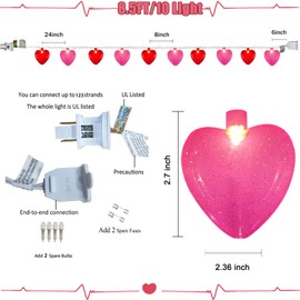 8.5FT Valentines Day Glitter Red and Pink Heart String Lights with 10 LED Glitter Heart Lights, Plug in Valentine’s Day Decorations Lights for Indoor Outdoor Home Wedding Window Wedding Party Decor