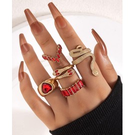 5Pcs Snake Rings Set for Women Heart Multicolor Knuckle Vintage Rings Boho Crystal Stacking Finger Rings for Girls Jewelry (Red)