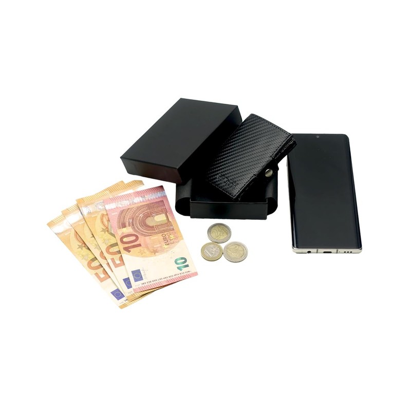 Slim Wallet Deluxe, Carbon leather black with coin compartment small,
