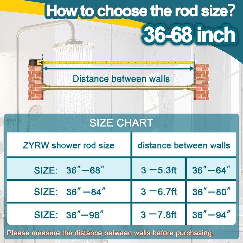 ZYRW Gold Shower Curtain Rod 36-68 Inch(3-5.6ft) Never Rust No