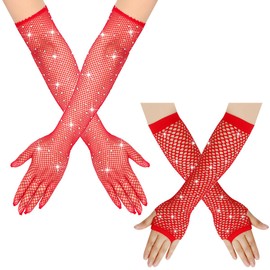 TouKingda Women's Sparkly Mesh Fingerless & Long Fish Net Gloves, 2 Pairs - Red