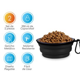 MASCRETTA Set de 2 Platos para Perro con diseño Plegable para Viajes y Paseos. Comedero para Perro y Gato con Capacidad de 1.5 Taza / 11 Oz. Plato para Perro para croquetas y Agua. Dog Bowl. (Negro)