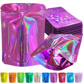 YINGZON 100 Pack Premium Smell Proof Mylar Bags, Resealable Food Storage Bags with Double-sided Holographic Printing, 4" x 6" Aluminum Foil Stand-up Packaging Bags.. (Purple)