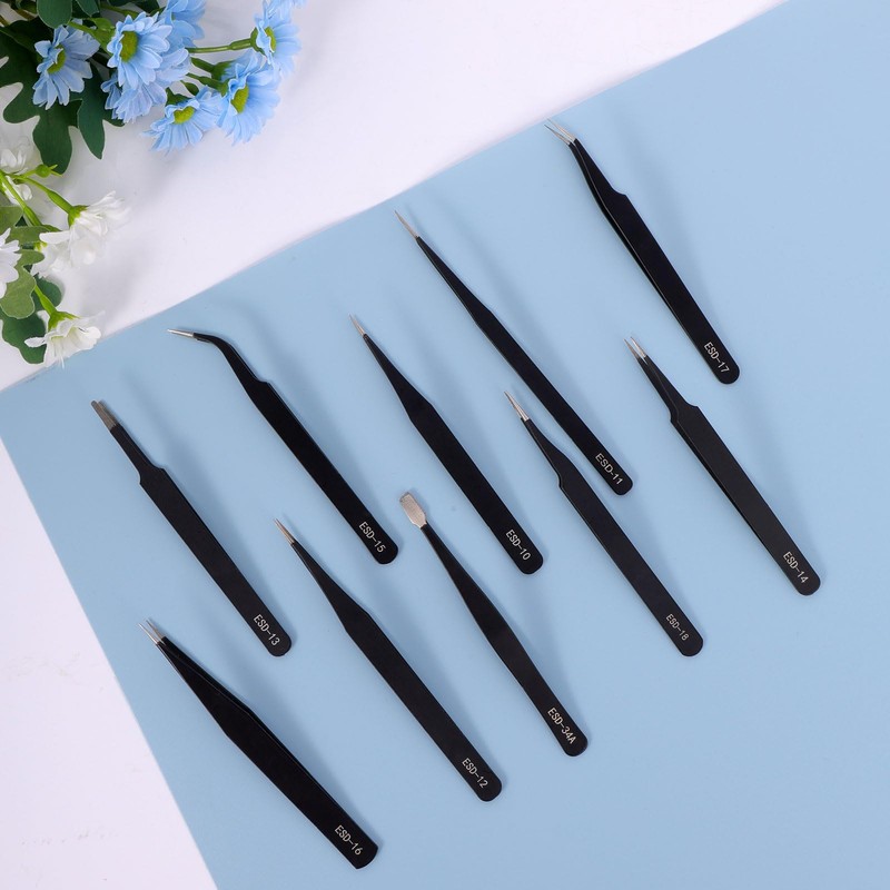 10Pcs Precision Tweezers Set, Non Magnetic Anti Static Stainless Steel
