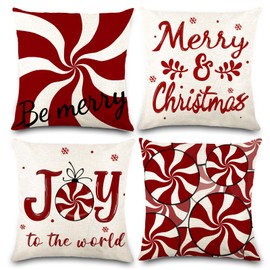 JOISHOP Christmas Cushion Covers, 18 x 18 Inch Set of 4 Red Candy Xmas Throw Pillow Covers Christmas Winter Square Pillow Case for Living Room Sofa Home Bedroom Decor