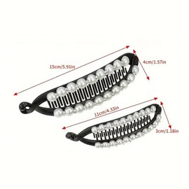 2PCS Faux Pearl Banana Clip Ponytail Holders Hair Clincher Hair Comb Fishtail Clip Grips Clamp Headwear Styling Hair Accessories for Women Girls(M+L)