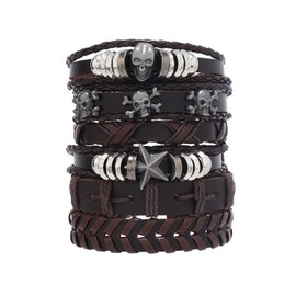 Punk Leather Bracelet for Men Women Gothic Leather Cuff Bracelet Multi Layer Wristband Braided Bracelets (B: brown leather bracelet)