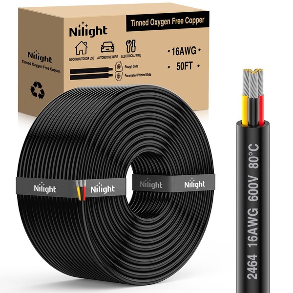Nilight 50FT 16 Gauge 3 Conductor Electrical Wire Tinned Oxygen