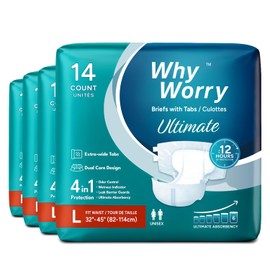 WhyWorry Ultimate Adult Diapers for Men and Women, Disposable Adult Briefs for Incontinence, Incontinence Briefs with Tabs, Ultimate Absorbency, Odor Control, Large, 56 Count (4 Packs of 14)