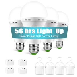 4 Pack Rechargeable Emergency Light Bulbs, Battery Powered LED Light Bulb 6000K Daylight E26 12W 60W Equivalent with 1500mAh for Home Power Outage Camping Hiking(4 Bulbs, 4 Hooks,2 Plug Caps)