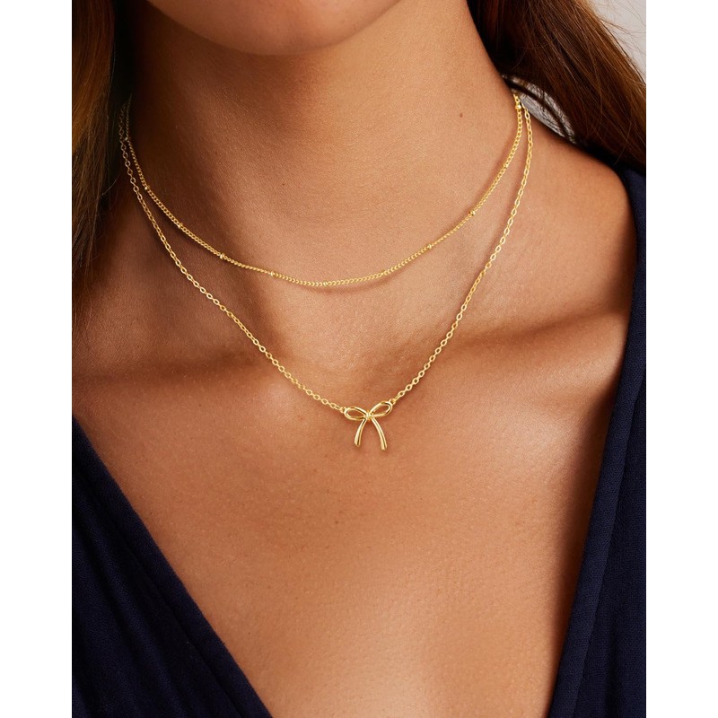 Coshilta Gold Necklace for Women，Bow Necklace 14K Gold Plated Layered