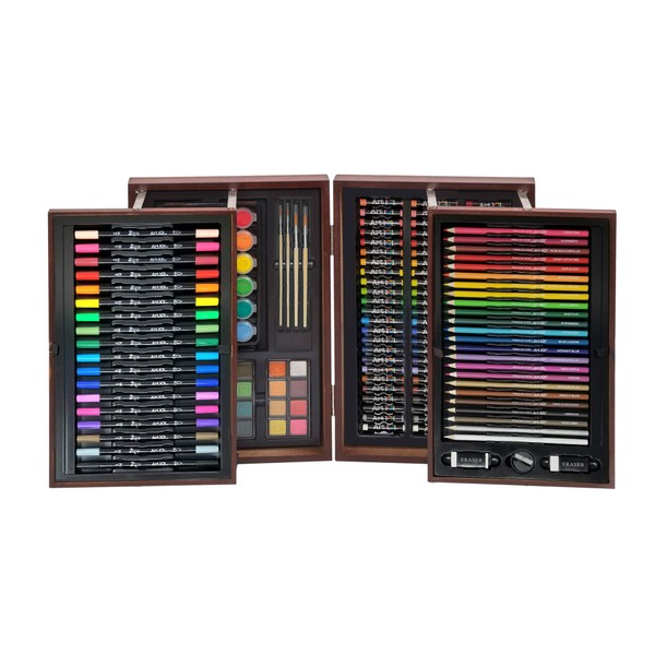Art 101 USA 168 Piece Deluxe Art and Doodle Set in an Expandable Wood Carrying Case, Includes Dual Tip Markers, Colored Pencils, Oil Pastels, Water Colors, Portable Art Studio