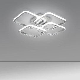Dimmable Modern Led Ceiling Light, 4 Rings Square Ceiling Lamp with Remote Control, 48W Chrome Acrylic Ceiling Lighting Fixture for Living Room Dining Room Kitchen Office Lamps