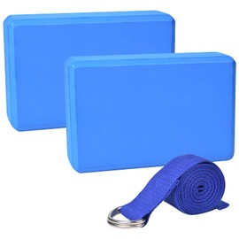 Chstarina Yoga Block Set of 2 with 1 Piece 1.8 m Cotton Yoga Strap, Yoga Block Made of EVA Foam Hard Foam Yoga Set Yoga Block Yoga Strap Fitness Accessories Aid for Yoga and Pilates (Blue)