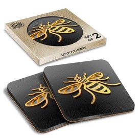 2 x Square Coasters - 3D Manchester Bee Logo Cork Backed MDF Glossy Tea Coffee Accessory #50003