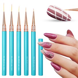 WOKOTO 5 Pcs Nail Art Brushes Set Aqua Gradient Nail Art Liner Brushes For Nails 6/9/12/15/18mm Thin Nail Art Design Brush With Cap Nail Polish Brush For Gel Nails French Tip Painting Tool