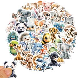Pack of 100 Children's Stickers Animals with Cute Watercolour Animals Motifs, Stickers for Laptop, Phone, Water Bottle, Bicycle, Suitcase, Scrapbook, Photo Albums