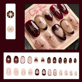 24pcs Pink Press On Nails Medium Almond Black Red Fake Nails With 3D Gem Design Reusable Full Coverage Acrylic Nails Heart Bow Star Stick On Nails for Women Daily Manicure Decoration Supplies