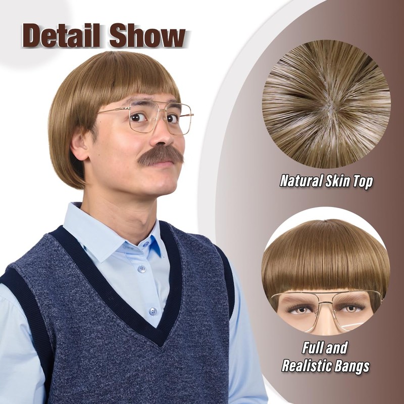 FantaLook Short Straight 60 70s Bowl Cut Funny Wig with