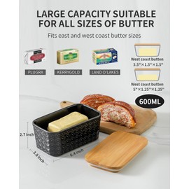 Hasense Ceramic Butter Dish with Lid, Black Large Butter Container for Countertop Airtight Butter Stick Covered Keeper, Embossed Pattern,Easy Clean Dishwasher Safe