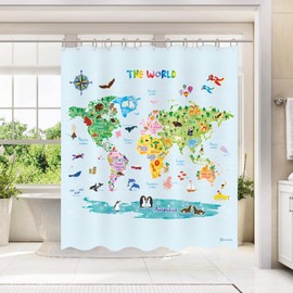 BASHOM BSC-615 Animal World Map Shower Curtain set for Kids Waterproof washable Decorative Bathroom 71''x71'' (180x180cm) Polyester Fabric with 12 Hooks Colourful educational country Liner Tapestry Bathtubs