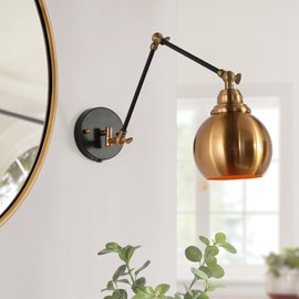 GEPOW Black Gold Swing Arm Wall Sconce, Modern Plug-in or Hardwired Sconces Lighting, Adjustable Wall Mounted Lamp with On/Off Switch for Bedroom, Kitchen, Living Room and Bathroom