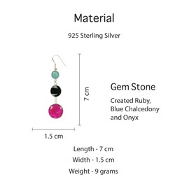 Blue Chalcedony Ruby & Black Onyx Gemstone 925 Sterling Silver Long Drop Dangle Earrings Modern Handmade Unique Designer Fashion Party Earrings Jewellery for Women