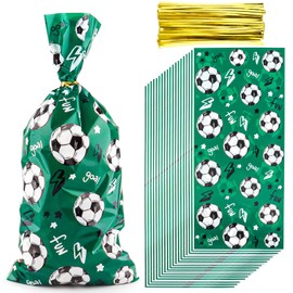 Zi Lan 50 Pcs Soccer Cellophane Treat Bags Soccer Party Favor Football Treat Candy Bags for Team Birthday Party Decorations Supplies with 50 Pcs Golden Twist Ties - Green