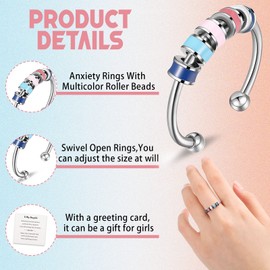 Fidget Ring Stainless Steel Adjustable Open Anxiety Rings Anti Stress Fidget Rotating Rings with Multicolor Beads for Women Men Anxiety Relieving (Classic Style)