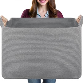 OIASKET 108L Extra Large Blanket Basket, 24.8" x 16.2" x 16.2" Rectangle Woven Storage Baskets for Living Room, Nursery, Bedroom, Toy Basket with Handle (Dark Grey)
