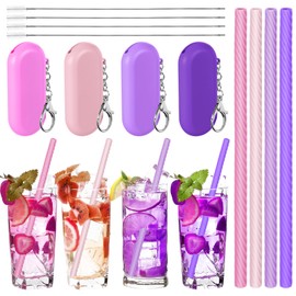 Meanplan Silicone Straws with Case Reusable Straws Silicone Foldable Portable Drinking Straw Set for Party Cold or Hot Straw with Carry Case, Cleaning Brushes 7 5/7 Inch Long (Pink,4 Sets)