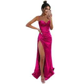 Lvloet Sparkly Sequin Prom Dresses Hot Pink Mermaid Evening Party Dresses Long Spaghetti Straps Sweetheart Corset Ball Pageant Gown with Slit Size 8