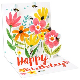 Up With Paper Bees and Colorful Pink, Yellow and Orange Flowers 5-Inch 3D Pop-Up Birthday Card