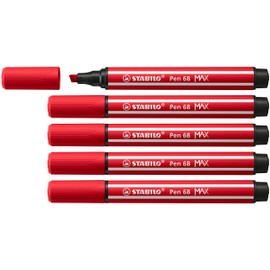 STABILO Pen 68 MAX - Premium Fibre-Tip Pen with Chisel Tip - Arty - Pack of 5 - Carmine