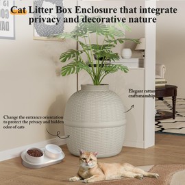 Hidden Litter Box with Faux Plant, Large Cat Litter Box with Rattan Pattern, Heavy Duty PP Material Litter Box Enclosure Furniture for Home Decor, Light Grey