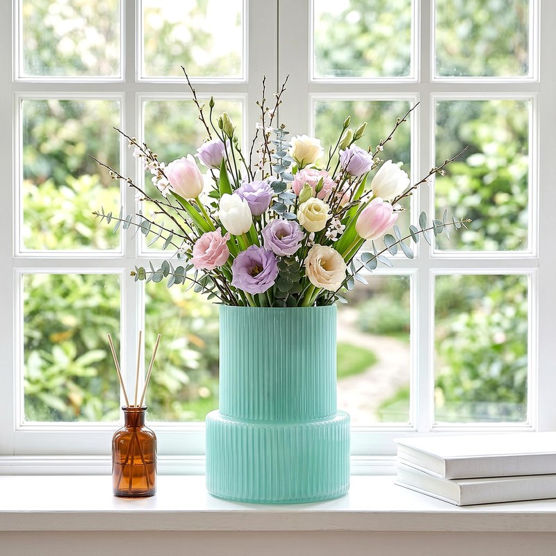 Green Ribbed Glass Vase, Modern Design Flower Vase