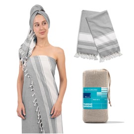 THREAD SPREAD - Juego de toallas de playa 100% algodón de 2 a 39 x 71 pulgadas de gran tamaño con bolsa, de secado rápido y suave, duraderas para piscina, gimnasio, yoga, toalla de baño con patrón de chambray para adultos, color gris