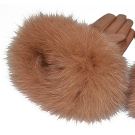 Yosang Women Genuine Lambskin Leather Winter Gloves with Fox Fur Trim Coffee Large