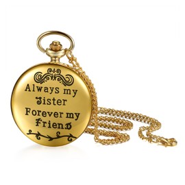 JewelryWe Quartz Analog Pocket Watch: Women Gold Always My Sister Forever My Friend Hunter Watches Arabic Numerals Vest Antique Fob Watch Gift with Sweater Chain Necklace